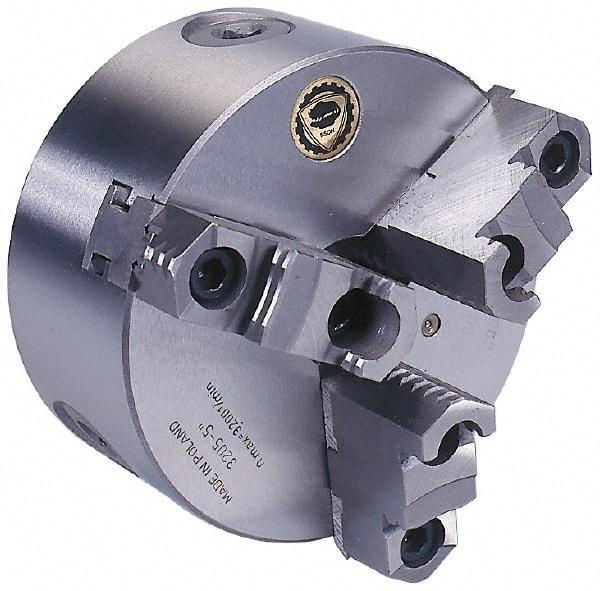 Bison - 3 Jaws, 8" Diam, Self Centering Manual Lathe Chuck - Plain Back Mount Spindle, Reversible, 4,000 Max RPM, 2.1654" Through Hole Diam, 0.0018" Axial Runout, 0.0016" Radial Runout, Forged Steel - Industrial Tool & Supply