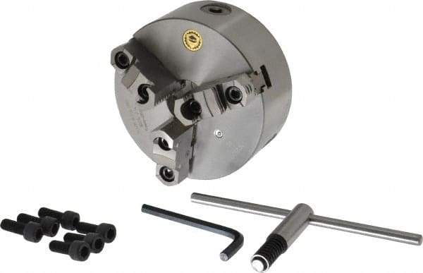 Bison - 3 Jaws, 6" Diam, Self Centering Manual Lathe Chuck - Plain Back Mount Spindle, Reversible, 3,000 Max RPM, 1.6535" Through Hole Diam, 0.0008" Axial Runout, 0.0012" Radial Runout, Cast Iron - Industrial Tool & Supply