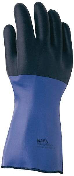MAPA Professional - Size XL (10), 14" Long, Supported, Neoprene Chemical Resistant Gloves - Textured Finish, Cotton Jersey Thermal Lined, Gauntlet Cuff, Black/Blue, FDA Approved - Industrial Tool & Supply