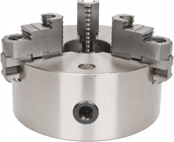 Interstate - 3 Jaws, 8" Diam, Self Centering Manual Lathe Chuck - D1-4 Mount Spindle, Reversible, 1.9685" Through Hole Diam, Cast Iron - Industrial Tool & Supply