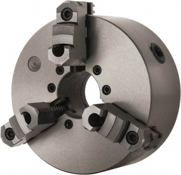 Interstate - 3 Jaws, 8" Diam, Self Centering Manual Lathe Chuck - D1-6 Mount Spindle, Reversible, 1.9685" Through Hole Diam, Cast Iron - Industrial Tool & Supply