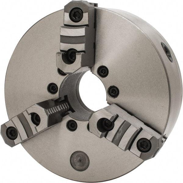 Interstate - 3 Jaws, 10" Diam, Self Centering Manual Lathe Chuck - D1-6 Mount Spindle, Reversible, 2.7559" Through Hole Diam, Cast Iron - Industrial Tool & Supply
