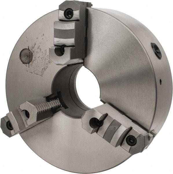 Interstate - 3 Jaws, 12" Diam, Self Centering Manual Lathe Chuck - D1-6 Mount Spindle, Reversible, 3-15/16" Through Hole Diam, Cast Iron - Industrial Tool & Supply