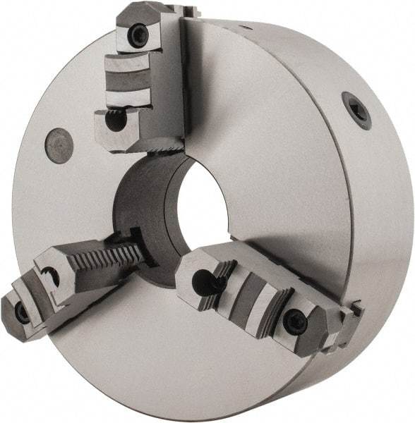 Interstate - 3 Jaws, 12" Diam, Self Centering Manual Lathe Chuck - D1-8 Mount Spindle, Reversible, 3-15/16" Through Hole Diam, Cast Iron - Industrial Tool & Supply