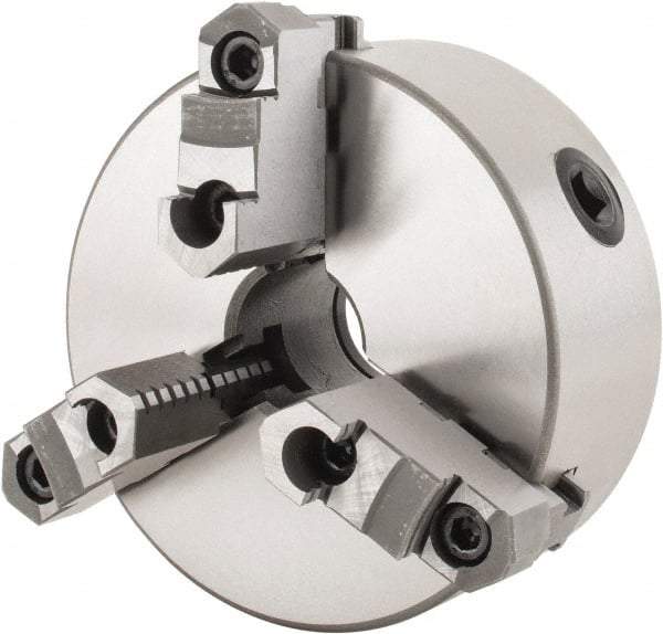Interstate - 3 Jaws, 6" Diam, Self Centering Manual Lathe Chuck - Plain Back Mount Spindle, Reversible, 1.5748" Through Hole Diam, 0.003" Axial Runout, Cast Iron - Industrial Tool & Supply