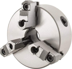 Interstate - 3 Jaws, 6" Diam, Self Centering Manual Lathe Chuck - Plain Back Mount Spindle, Reversible, 1.5748" Through Hole Diam, 0.003" Axial Runout, Cast Iron - Industrial Tool & Supply