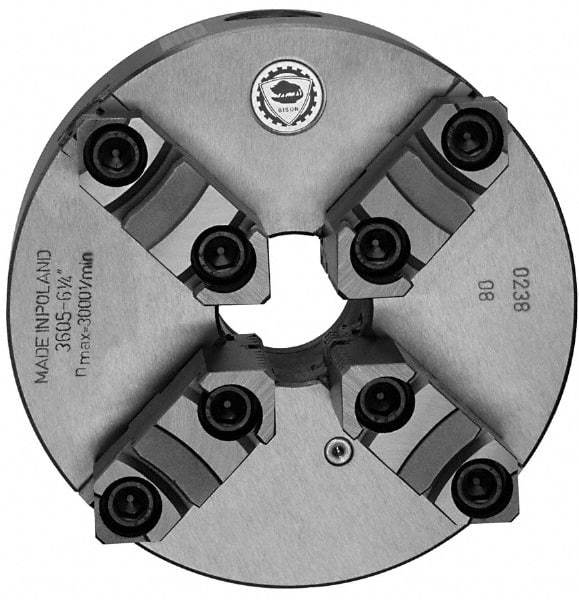 Bison - 4 Jaws, 6" Diam, Self Centering Manual Lathe Chuck - Plain Back Mount Spindle, Reversible, 3,000 Max RPM, 1.6535" Through Hole Diam, 0.0012" Axial Runout, 0.0015" Radial Runout, Cast Iron - Industrial Tool & Supply