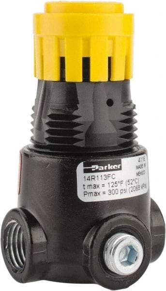 Parker - 1/4 NPT Port, 15 CFM, Zinc Miniature Regulator - 2 to 125 psi Range, 300 Max psi Supply Pressure, 1/8" Gauge Port Thread, 1.65" Wide x 2.88" High - Industrial Tool & Supply