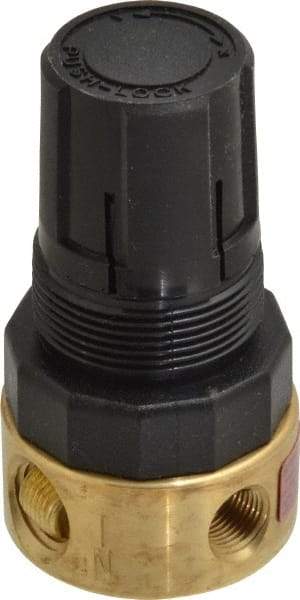 Parker - 1/4 NPT Port, Brass Miniature Regulator - 2 to 125 psi Range, 300 Max psi Supply Pressure, 1/8" Gauge Port Thread, 1-1/2" Wide x 2.87" High - Industrial Tool & Supply