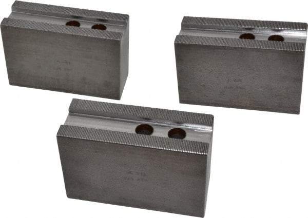 H & R Manufacturing - 12" Chuck Capacity, 1.5mm x 60° Serrated Attachment, Square Soft Lathe Chuck Jaw - 3 Jaws, Steel, 1.181" Btw Mount Hole Ctrs, 5-1/4" Long x 2" Wide x 3-1/2" High, 0.827" Groove, 5/8" & 16mm Fastener - Industrial Tool & Supply