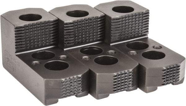 H & R Manufacturing - 12" & Up Chuck Capacity, 1.5mm x 60° Serrated Attachment, Square Soft Lathe Chuck Jaw - 3 Jaws, Steel, 1.181" Btw Mount Hole Ctrs, 6-1/4" Long x 2" Wide x 5" High, 0.827" Groove, 5/8" & 16mm Fastener - Industrial Tool & Supply