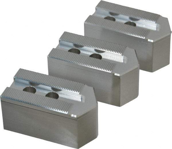 Masterman & Kovil - 6" Chuck Capacity, 1.5mm x 60° Serrated Attachment, Square Soft Lathe Chuck Jaw - 3 Jaws, Aluminum, 0.787" Btw Mount Hole Ctrs, 3mm Long x 1-1/2" Wide x 1-1/2" High, 0.473" Groove, 10mm Fastener - Industrial Tool & Supply