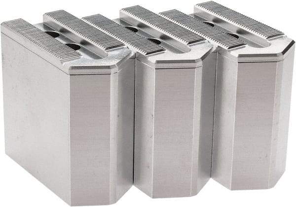 Masterman & Kovil - 6" Chuck Capacity, 1.5mm x 60° Serrated Attachment, Square Soft Lathe Chuck Jaw - 3 Jaws, Aluminum, 0.787" Btw Mount Hole Ctrs, 3mm Long x 1-1/2" Wide x 3" High, 0.473" Groove, 10mm Fastener - Industrial Tool & Supply
