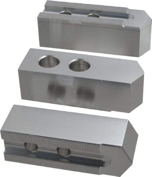 Masterman & Kovil - 10" Chuck Capacity, 1.5mm x 60° Serrated Attachment, Square Soft Lathe Chuck Jaw - 3 Jaws, Aluminum, 1.181" Btw Mount Hole Ctrs, 4.6mm Long x 1-1/2" Wide x 1-1/2" High, 0.63" Groove, 12mm Fastener - Industrial Tool & Supply