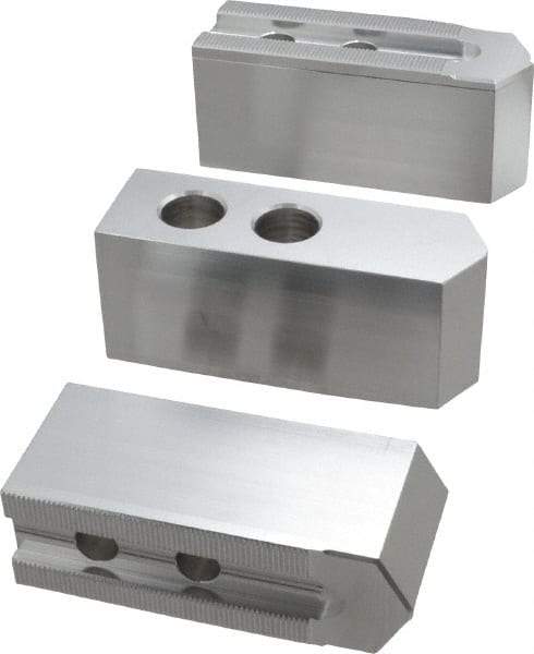 Masterman & Kovil - 10" Chuck Capacity, 1.5mm x 60° Serrated Attachment, Square Soft Lathe Chuck Jaw - 3 Jaws, Aluminum, 1.181" Btw Mount Hole Ctrs, 4.6mm Long x 1-1/2" Wide x 2" High, 0.63" Groove, 12mm Fastener - Industrial Tool & Supply