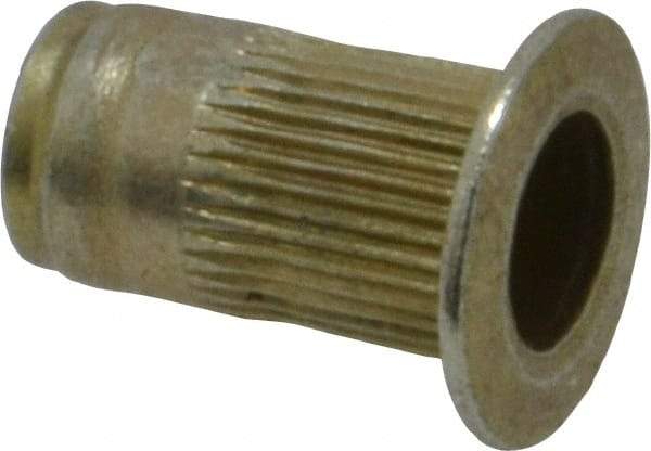 Made in USA - #8-32, 0.265 Insert Diam, 0.47" OAL, Knurled Body Open End Threaded Insert - 0.2656" Hole Diam, 0.39" Head Diam, 1008/1010 Steel, Clear Protective Coating & Zinc Yellow Dichromate Finish - Industrial Tool & Supply