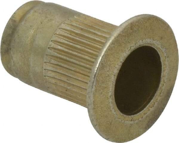 Made in USA - #8-32, 0.265 Insert Diam, 0.42" OAL, Knurled Body Open End Threaded Insert - 0.2656" Hole Diam, 0.39" Head Diam, 1008/1010 Steel, Clear Protective Coating & Zinc Yellow Dichromate Finish - Industrial Tool & Supply