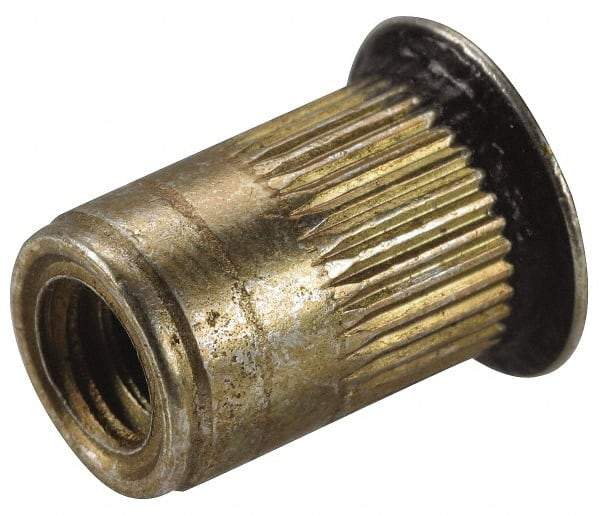 Made in USA - #10-24, 0.296 Insert Diam, 0.475" OAL, Sealed Head Open End Threaded Insert - 0.2969" Hole Diam, 0.415" Head Diam, 1008/1010 Steel, Clear Protective Coating & Zinc Yellow Dichromate Finish - Industrial Tool & Supply