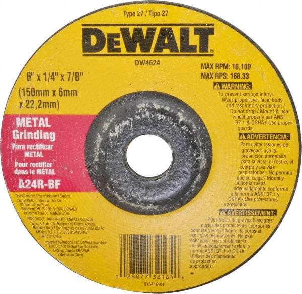 DeWALT - 24 Grit, 6" Wheel Diam, 1/4" Wheel Thickness, 7/8" Arbor Hole, Type 27 Depressed Center Wheel - Aluminum Oxide, R Hardness, 10,100 Max RPM, Compatible with Angle Grinder - Industrial Tool & Supply