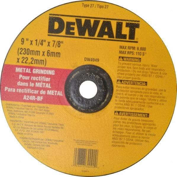 DeWALT - 24 Grit, 9" Wheel Diam, 1/4" Wheel Thickness, 7/8" Arbor Hole, Type 27 Depressed Center Wheel - Aluminum Oxide, R Hardness, 6,600 Max RPM, Compatible with Angle Grinder - Industrial Tool & Supply