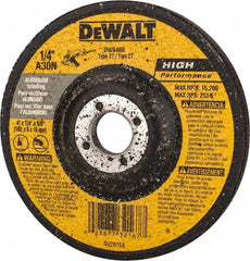 DeWALT - 30 Grit, 4" Wheel Diam, 1/4" Wheel Thickness, 5/8" Arbor Hole, Type 27 Depressed Center Wheel - Aluminum Oxide, N Hardness, 15,200 Max RPM, Compatible with Angle Grinder - Industrial Tool & Supply