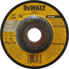 DeWALT - 30 Grit, 4-1/2" Wheel Diam, 1/4" Wheel Thickness, 7/8" Arbor Hole, Type 27 Depressed Center Wheel - Aluminum Oxide, N Hardness, 13,300 Max RPM, Compatible with Angle Grinder - Industrial Tool & Supply