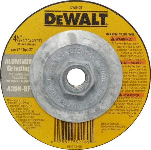 DeWALT - 30 Grit, 4-1/2" Wheel Diam, 1/4" Wheel Thickness, Type 27 Depressed Center Wheel - Aluminum Oxide, N Hardness, 13,300 Max RPM, Compatible with Angle Grinder - Industrial Tool & Supply
