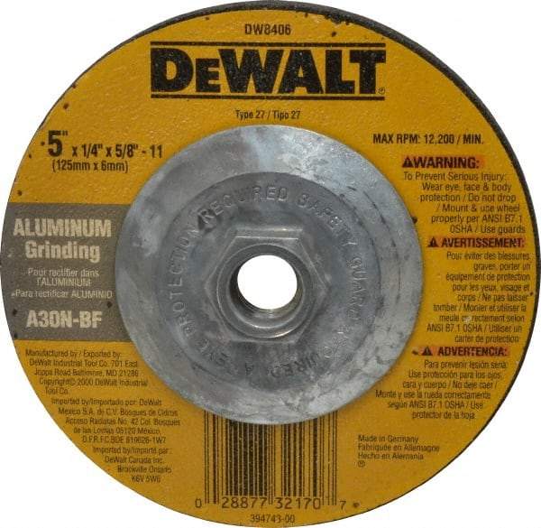 DeWALT - 30 Grit, 5" Wheel Diam, 1/4" Wheel Thickness, Type 27 Depressed Center Wheel - Aluminum Oxide, N Hardness, 12,200 Max RPM, Compatible with Angle Grinder - Industrial Tool & Supply