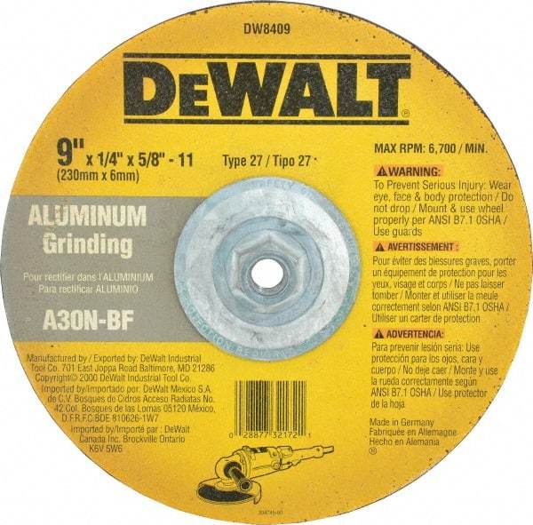 DeWALT - 30 Grit, 9" Wheel Diam, 1/4" Wheel Thickness, Type 27 Depressed Center Wheel - Aluminum Oxide, N Hardness, 6,600 Max RPM, Compatible with Angle Grinder - Industrial Tool & Supply