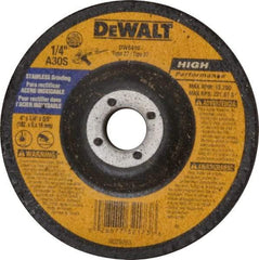 DeWALT - 30 Grit, 4" Wheel Diam, 1/4" Wheel Thickness, 5/8" Arbor Hole, Type 27 Depressed Center Wheel - Aluminum Oxide, S Hardness, 15,200 Max RPM, Compatible with Angle Grinder - Industrial Tool & Supply