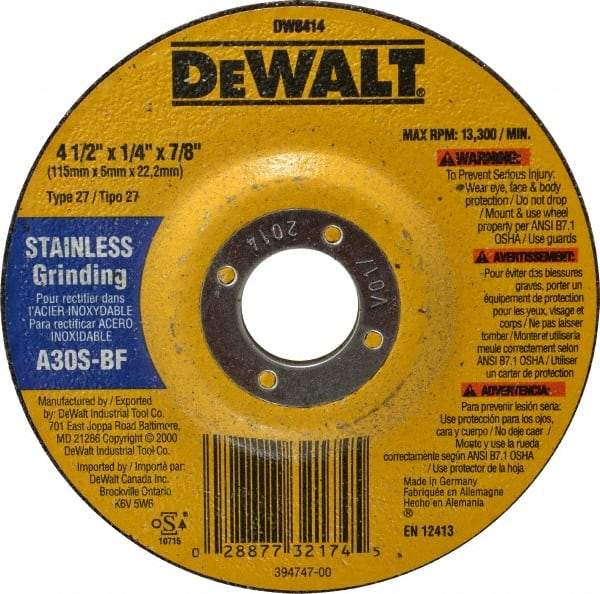 DeWALT - 30 Grit, 4-1/2" Wheel Diam, 1/4" Wheel Thickness, 7/8" Arbor Hole, Type 27 Depressed Center Wheel - Aluminum Oxide, S Hardness, 13,300 Max RPM, Compatible with Angle Grinder - Industrial Tool & Supply