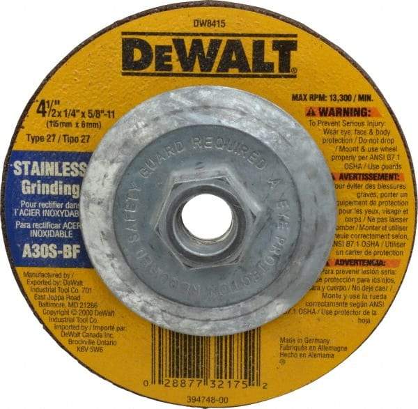 DeWALT - 30 Grit, 4-1/2" Wheel Diam, 1/4" Wheel Thickness, Type 27 Depressed Center Wheel - Aluminum Oxide, S Hardness, 13,300 Max RPM, Compatible with Angle Grinder - Industrial Tool & Supply