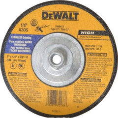 DeWALT - 30 Grit, 7" Wheel Diam, 1/4" Wheel Thickness, Type 27 Depressed Center Wheel - Aluminum Oxide, S Hardness, 8,700 Max RPM, Compatible with Angle Grinder - Industrial Tool & Supply