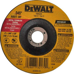 DeWALT - 60 Grit, 4" Wheel Diam, 5/8" Arbor Hole, Type 27 Depressed Center Wheel - Aluminum Oxide, T Hardness, 15,200 Max RPM, Compatible with Angle Grinder - Industrial Tool & Supply