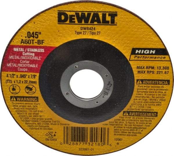 DeWALT - 60 Grit, 4-1/2" Wheel Diam, 7/8" Arbor Hole, Type 27 Depressed Center Wheel - Aluminum Oxide, T Hardness, 13,300 Max RPM, Compatible with Angle Grinder - Industrial Tool & Supply