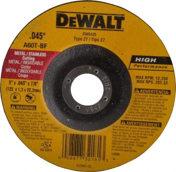 DeWALT - 60 Grit, 5" Wheel Diam, 7/8" Arbor Hole, Type 27 Depressed Center Wheel - Aluminum Oxide, T Hardness, 12,200 Max RPM, Compatible with Angle Grinder - Industrial Tool & Supply
