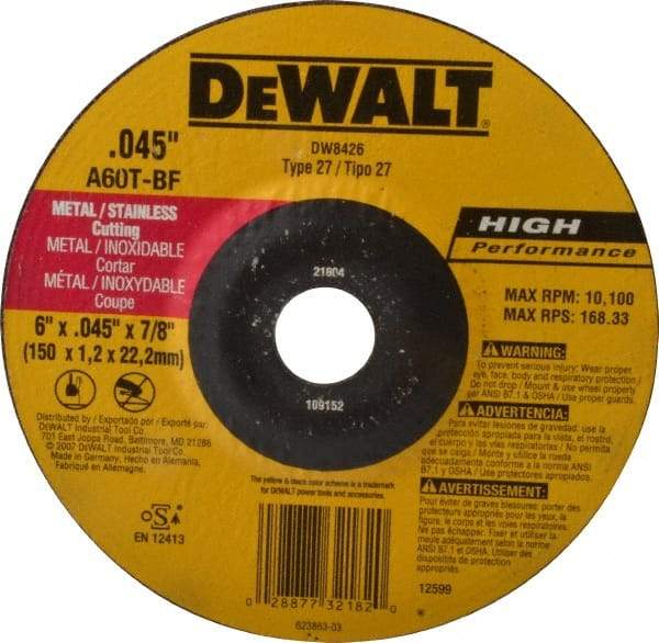DeWALT - 60 Grit, 6" Wheel Diam, 7/8" Arbor Hole, Type 27 Depressed Center Wheel - Aluminum Oxide, T Hardness, 10,100 Max RPM, Compatible with Angle Grinder - Industrial Tool & Supply