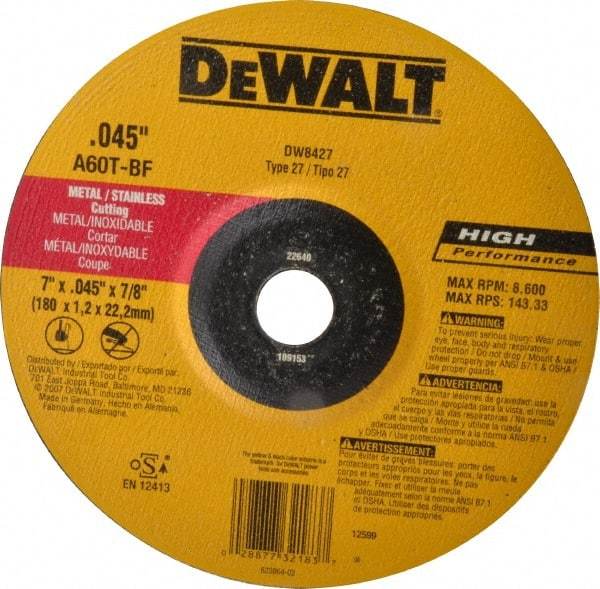 DeWALT - 60 Grit, 7" Wheel Diam, 7/8" Arbor Hole, Type 27 Depressed Center Wheel - Aluminum Oxide, T Hardness, 8,700 Max RPM, Compatible with Angle Grinder - Industrial Tool & Supply