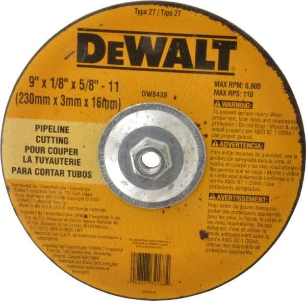 DeWALT - 24 Grit, 9" Wheel Diam, 1/8" Wheel Thickness, Type 27 Depressed Center Wheel - Aluminum Oxide, R Hardness, 6,600 Max RPM, Compatible with Angle Grinder - Industrial Tool & Supply