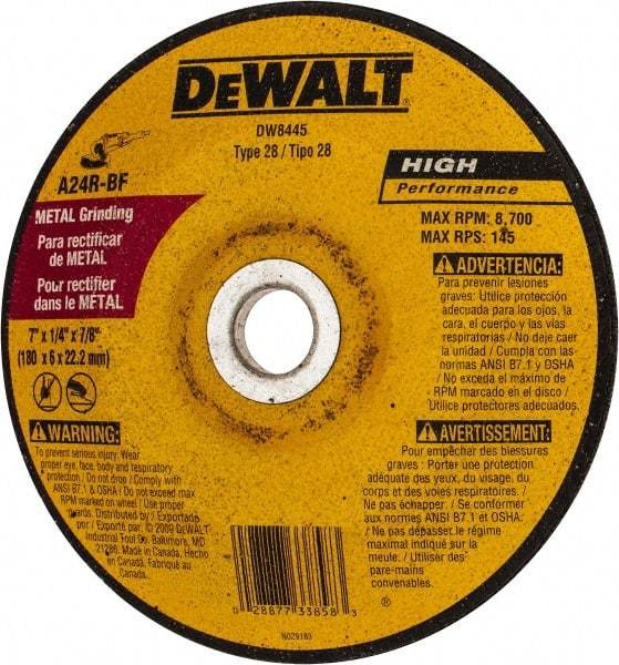 DeWALT - 24 Grit, 7" Wheel Diam, 1/4" Wheel Thickness, 7/8" Arbor Hole, Type 28 Depressed Center Wheel - Aluminum Oxide, R Hardness, 8,700 Max RPM - Industrial Tool & Supply