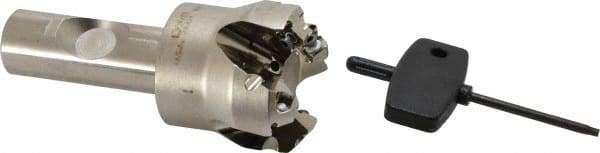 Seco - 45° Lead Angle, 1.65" Max Cut Diam, 0.18" Max Depth of Cut, Indexable Chamfer and Angle End Mill - 4 Inserts, SE.. 09T3 Insert Style, 3.54" Overall Length, Through Coolant - Industrial Tool & Supply