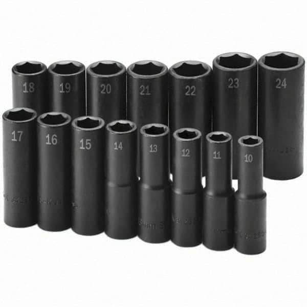 SK - 1/2" Drive Deep Impact Socket Set - 10 to 24mm, Metric Measurement Standard - Industrial Tool & Supply