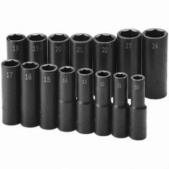 SK - 1/2" Drive Deep Impact Socket Set - 10 to 24mm, Metric Measurement Standard - Industrial Tool & Supply