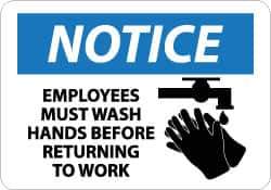 NMC - "Notice - Employees Must Wash Hands Before Returning to Work", 10" Long x 14" Wide, Aluminum Safety Sign - Rectangle, 0.04" Thick, Use for Restroom, Janitorial & Housekeeping - Industrial Tool & Supply