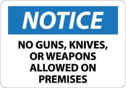 NMC - "Notice - No Guns, Knives or Weapons Allowed on Premises", 10" Long x 14" Wide, Aluminum Safety Sign - Rectangle, 0.04" Thick, Use for Security & Admittance - Industrial Tool & Supply