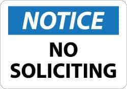 NMC - "Notice - No Soliciting", 10" Long x 14" Wide, Aluminum Safety Sign - Rectangle, 0.04" Thick, Use for Security & Admittance - Industrial Tool & Supply