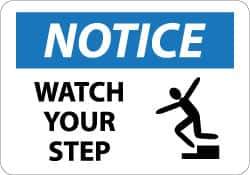 NMC - "Notice - Watch Your Step", 10" Long x 14" Wide, Aluminum Safety Sign - Rectangle, 0.04" Thick, Use for Accident Prevention - Industrial Tool & Supply