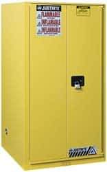 Justrite - 2 Door, 5 Shelf, Yellow Steel Standard Safety Cabinet for Flammable and Combustible Liquids - 65" High x 34" Wide x 34" Deep, Manual Closing Door, 3 Point Key Lock, 96 Gal Capacity - Industrial Tool & Supply