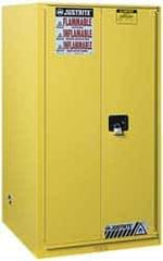 Justrite - 2 Door, 5 Shelf, Yellow Steel Standard Safety Cabinet for Flammable and Combustible Liquids - 65" High x 34" Wide x 34" Deep, Manual Closing Door, 3 Point Key Lock, 96 Gal Capacity - Industrial Tool & Supply
