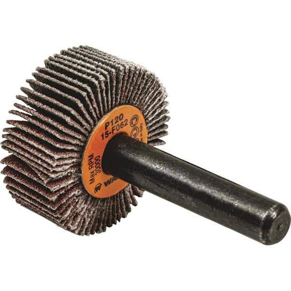 WALTER Surface Technologies - 1" Diam x 1" Face Width, Fine Aluminum Oxide Coated Mounted Flap Wheel - 1/4" Shank Mount, 120 Grit, Cloth Backing, 30,000 Max RPM - Industrial Tool & Supply